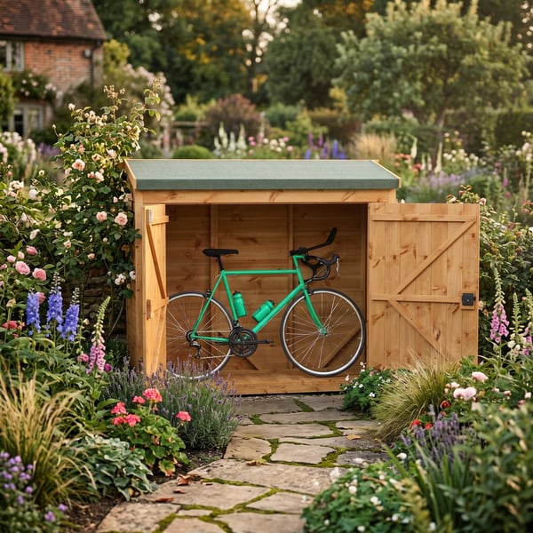 Pent roof wooden bike shed positioned against a garden fence