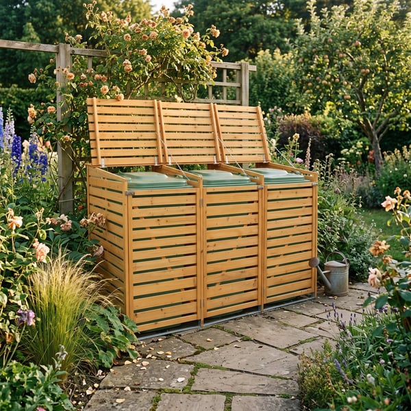 Lichfield triple wheelie bin store in a garden setting