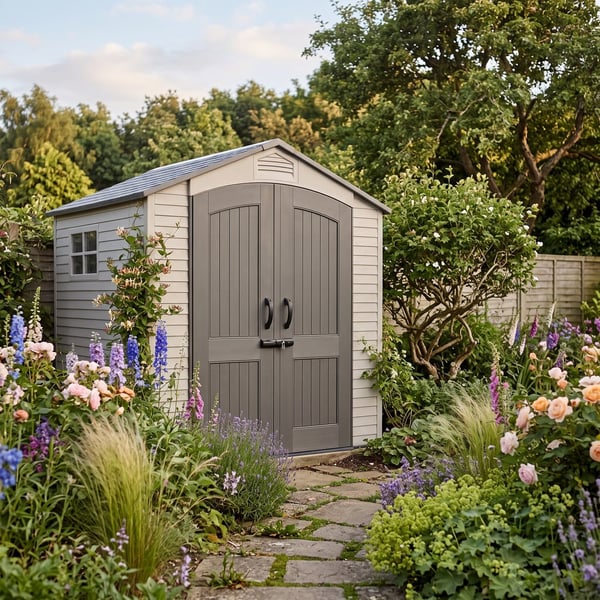 Lifetime 7x7 plastic shed with steel-reinforced double doors