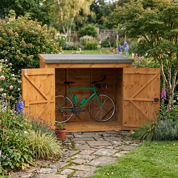 Power 6x4 pent wooden bike shed with wide double doors